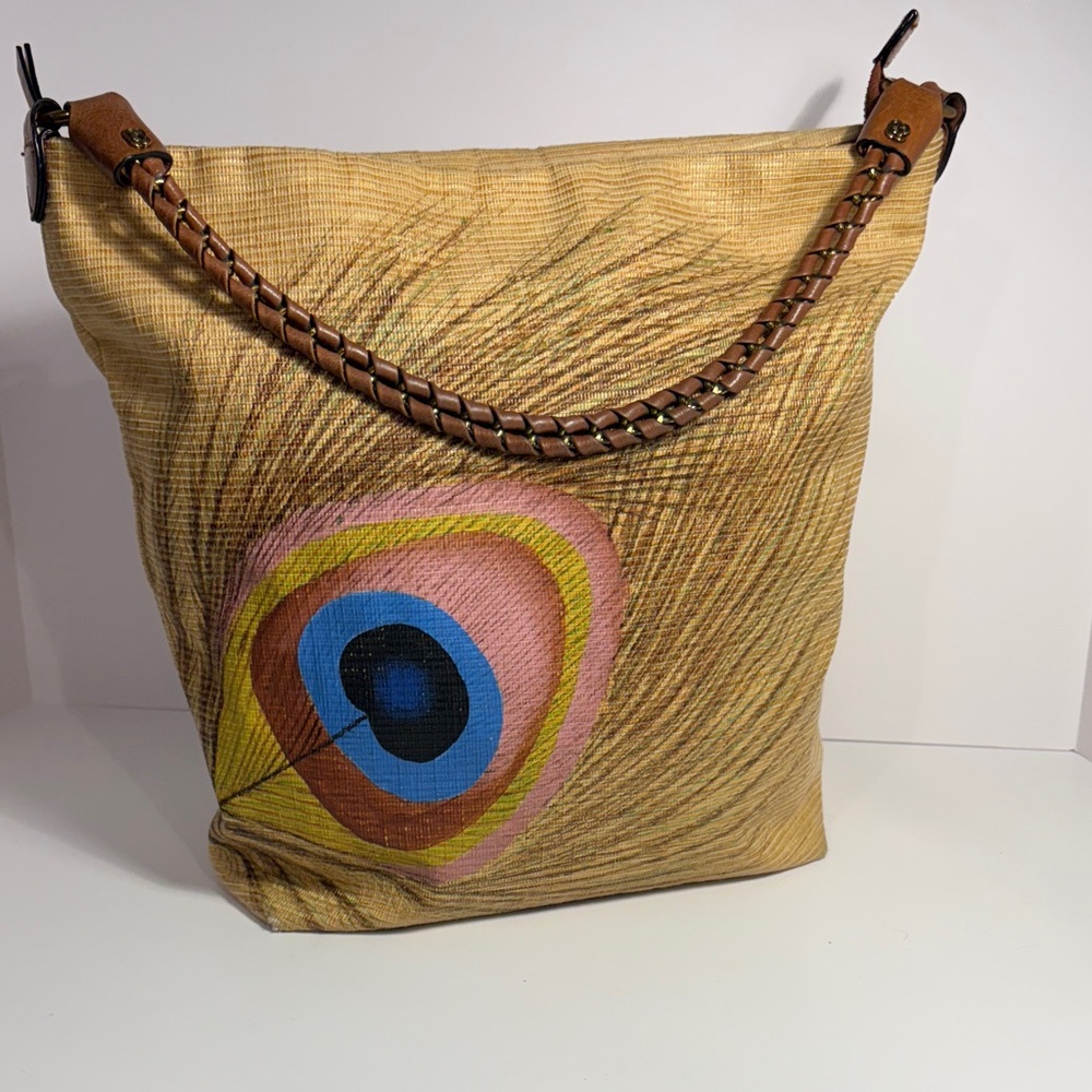 Elliott Lucca Straw Shoulder Bag with Peacock Feather Motif in Tan, Blue, Pink